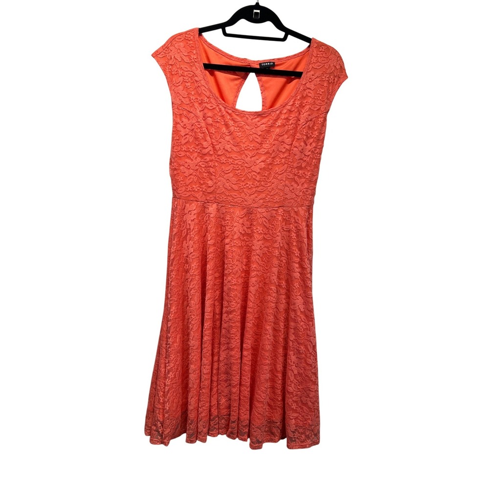 Torrid Dress Womens 0 Coral Orange Lace Lined Flare Keyhole‎ Back Short Sleeve